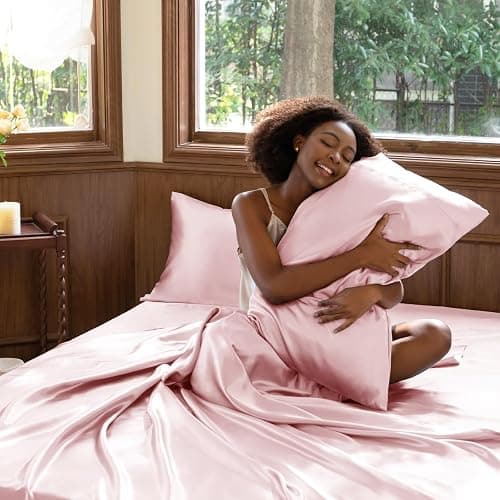 CozyLux Satin Sheets Queen Size Bed Set - 4 Piece Silky Queen Sheet Set, Luxury Dirty Pink Queen Sheets with Smooth and Soft Microfiber, Includes 1 Fitted Sheet, 1 Flat Sheet and 2 Pillowcases thumbnail 7