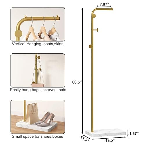 HOMEFORT Metal Coat Rack, Modern Coat Tree with 3 Hooks, L Shaped Coat Hanger Stand, Freestanding Coat Rack for Entryway and Corner, Gold thumbnail 6
