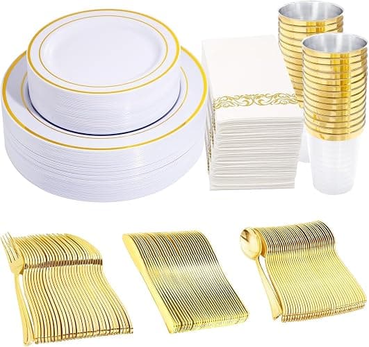 350 Pieces White and Gold Plastic Plates - 50 Guest Dinnerware Set Include 100 Plates, 50 Gold Plastic Silverware, 50 Paper Napkins and 50 Cups for Party Wedding Valentine's Day - Image 1