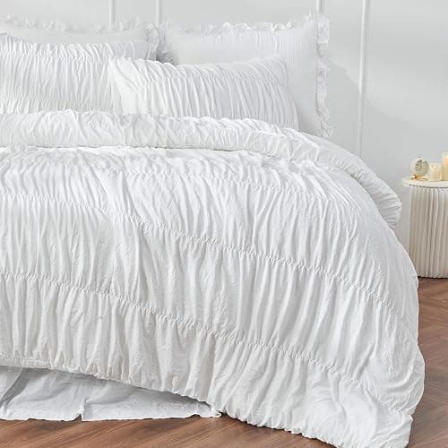 Bonlino Queen Comforter Set White Bedding - Ruched Comforter Queen Size Bed Set Boho Shabby Chic Bedding for Bedroom Comforter Fluffy 3 Piece Ruffle Comforter Set with Pillow White Soft thumbnail 7