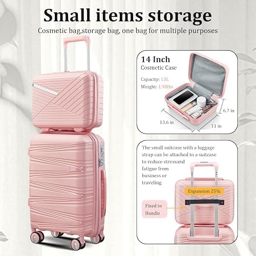 TRAVELEO 4 Piece Luggage Set PP Hardshell, Expandable Suitcase Set (20/24/28) with 14" Cosmetic Case, Lightweight Spinner Wheels with TSA Lock, Detachable Wheels for Nesting Storage (Pink) thumbnail 7