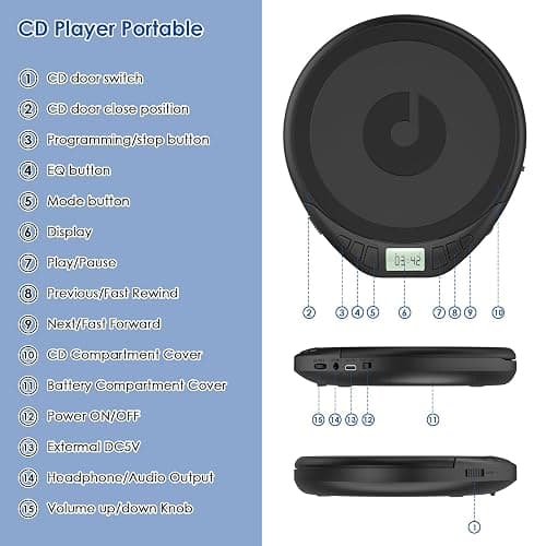 Gueray CD Player Portable CD Dsicman: with Earphones for Car with Anti-Skip Shockproof with LCD Display Support PROG Memory Repeat Function (Black) thumbnail 8
