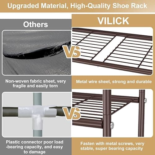 VILICK 3 Tier Shoe Rack 33" Wide Metal Shoe Organizer Long Shoe Storage with 4 Side Hooks Sturdy Shoes Shelf for Front Door Entrance, Closet, Garage, Dorm, Brown thumbnail 5