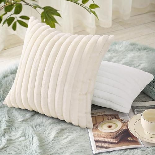 decorUhome Faux Fur Christmas Throw Pillow Covers 18x18 Set of 2, Decorative Soft Plush Striped Neutral Couch Euro Pillow Covers with Velvet Back for Sofa, Bed, Living Room Home Decor, Cream White thumbnail 6