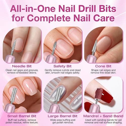 PYRYSA Cordless Electric Nail Drill File, Professional Nail Drill Machine for Acrylic Gel Dip Powder Polish, LED Display, Rechargeable Portable Manicure Pedicure Kit for Beginners Home & Salon, Pink thumbnail 8