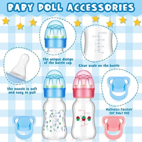 Jexine 4 Pieces Reborn Doll Accessories, Includes 2 Magnetic Pacifier and 2 Doll Bottles, Feeding Bottle Gift for Shower Birthday, Random Pattern(125 ml,Cute,Pink,Blue) thumbnail 4