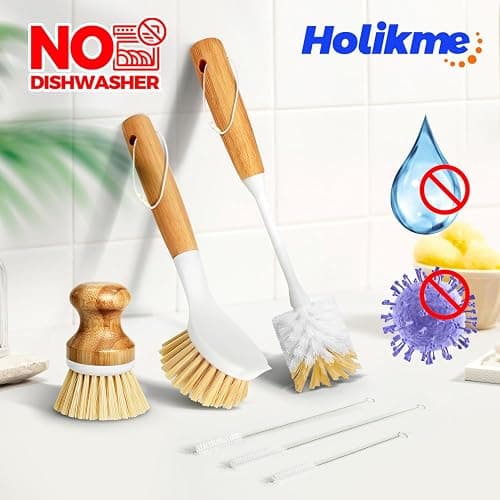 Holikme 6 Pack Dish Brush Scouring Pad Set with Bottle Brush, Dish Brush, Palm Scrub Brush and Straw Brush, Dish Scrubber Long Handle for Dish Bottle Cup Skillet Wok Pot Pan Cast Iron, Yellow thumbnail 6