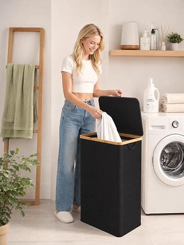Laundry Hamper with Lid - Waterproof Freestanding Laundry Basket with Removable Liner Bag, Collapsible 110L Large Clothes Storage Laundry Bin with Easy Carry Bamboo Handle for Clothes Organizer thumbnail 2