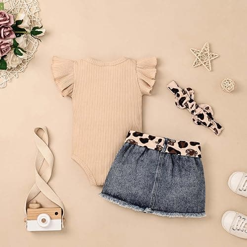 CETEPY Baby Girl Clothes Newborn Romper Ruffle Sleeve Short Jeans Skirt with Headband Infant Outfits Set 0-18 Months thumbnail 3