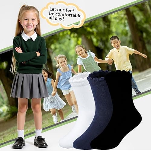 HONGTEYA 6 Pairs Girls White Ruffle Socks School Uniform Dress Socks for Kids Seamless Crew Ankle Cotton Size 2-14 Years thumbnail 6