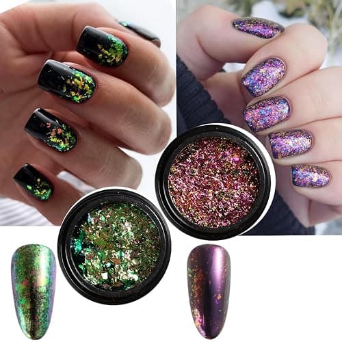 Chrome Nail Powder Set 14 Colors Pink Blue Silver Metallic Effect Mirror Powder for Nails with Brushes Holographic Pigment Chameleon Flakes for Nails Gold Leaf Decoration Nail Supplies thumbnail 6