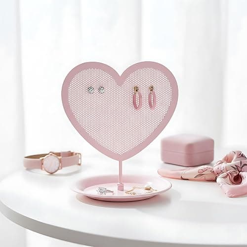 Parlor Boudoir Heart Shaped Jewelry Organizer Stand Pink Metal Earring Holder for Girls with Tray Storage for Rings & Bracelets Cute Vanity Jewelry Display and Room Decor Aesthetic for Teen Girls thumbnail 6
