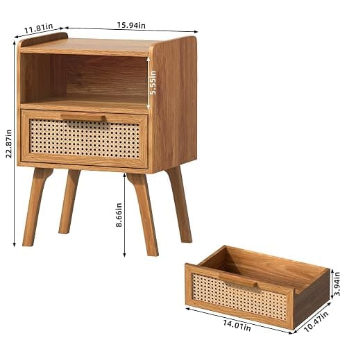 Lerliuo Rattan Nightstand, Side Table with Drawer Open Shelf | Bedside End Table with Solid Wood Legs, Mid Century Modern Night Stand for Bedroom, Dorm and Small Spaces (Tea Brown) thumbnail 3