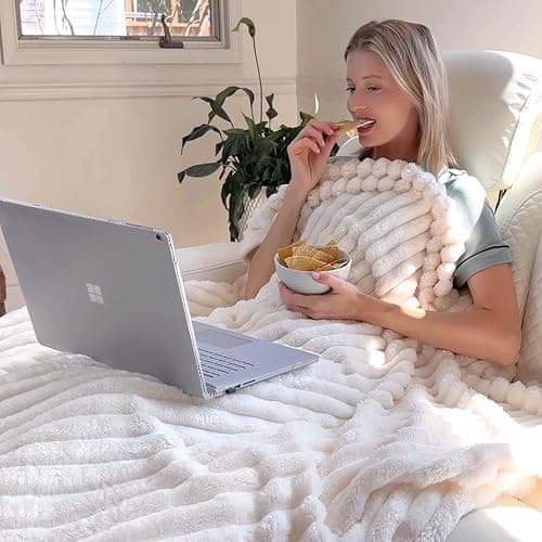 BEDELITE Blankets Queen Size for Bed, 300GSM Soft & Warm Fleece Blanket, Decorative and Giftable Striped Cream White Blankets for Women, Men, 90"x90" thumbnail 3