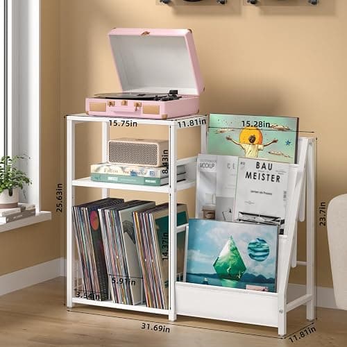 LELELINKY Record Player Table,Turntable Shelf with Vinyl Storage Up to 150 Albums,White Side Table with 3 Tier Magazine Periodical Book Rack,Wide Metal Record Holder Cabinet for Room Office thumbnail 5