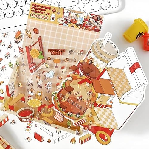 New 4PCS Fun DIY Stickers Scene，Cute 3D Korean Cartoon Scene Sticker for Adult and Children Relief Stress Pass The Time，Mini House Sticker with Tweezers(03) thumbnail 3