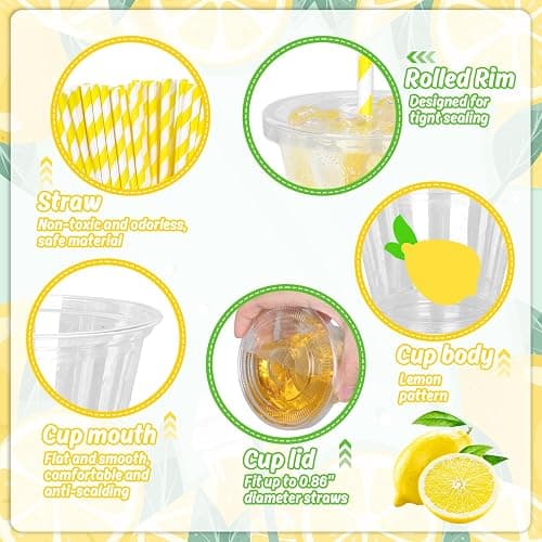 Whaline 100 Pcs Lemon Disposable Plastic Cups with Lids and Straws 9 Oz Party Cups Yellow Lemon Cold Beverage Drinking Cup for Iced Coffee Smoothie Juice Tea thumbnail 4