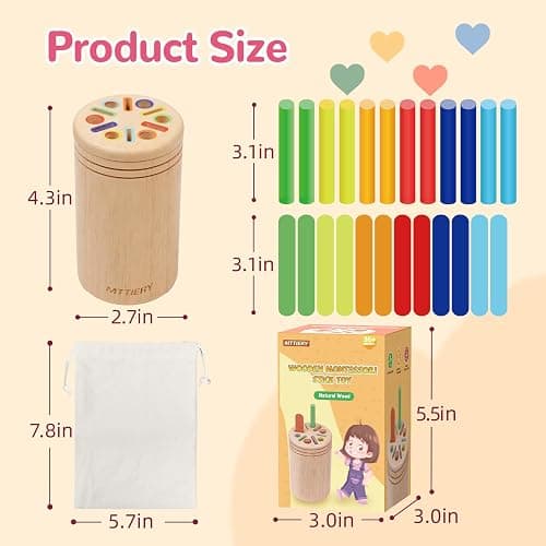 MTTIERY Montessori Wooden Color Sorting Toys for 18 Month Old,Preschool Learning Activities Educational Fine Motor Matching Game,Birthday Gifts for Boys Girls - Ice Cream Stick thumbnail 3