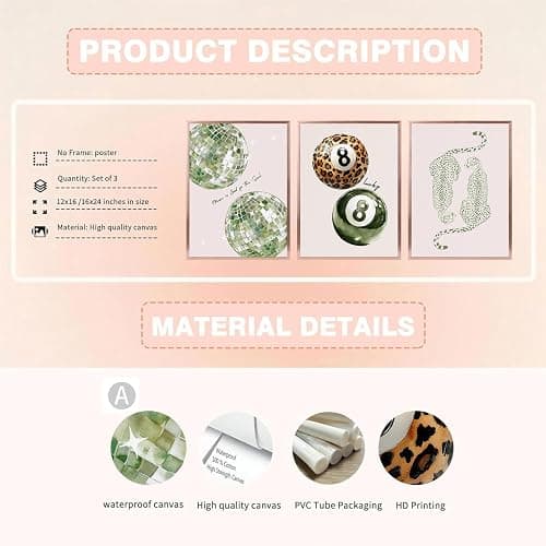 Sage Green Trendy Cheetah Canvas Wall Art Preppy Leopard Print Lucky 8 Ball Poster Y2k Cheetah Room Wall Decor Coquette Poster Aesthetic Fashion Pictures for Bedroom Dormitory 16x24x3 Inch Unframed thumbnail 3