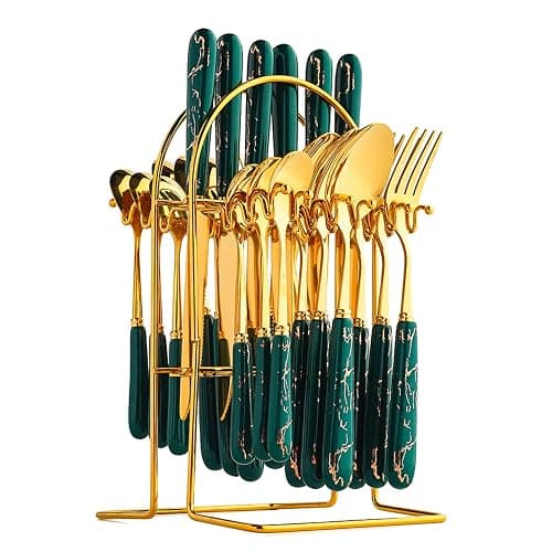 24-Piece Gilded Stainless Steel Flatware Set,Kitchen Utensil Tableware Cutlery Set Service for 6, Steak Cutlery Set for Home and Restaurant (Dark Green) - Image 1