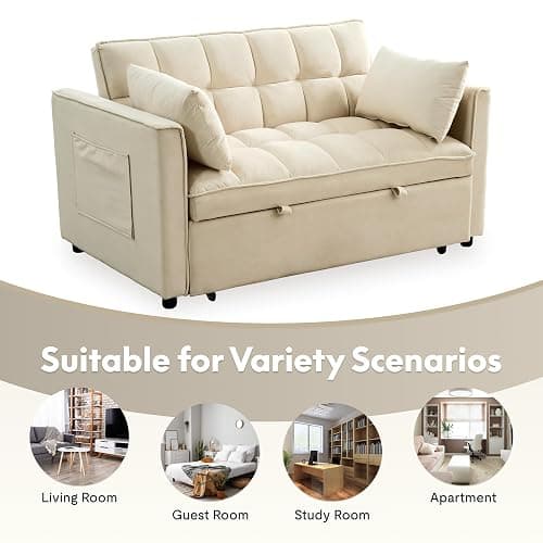 FLEXISPOT XCT4 Pull Out Couch, 3-in-1 Sleeper Sofa Bed with Adjustable Backrest, Loveseat Sleeper with Pillows & Side Pockets, Convertible Futon Couch for Small Spaces Guest Room Apartment, Cream thumbnail 8
