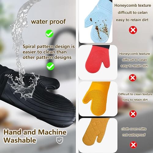 Silicone Oven Mitts-13.6 in Extended Oven Mitts Heat Resistant 500F, Oven Gloves with Soft Liner Good Grippy BPA-Free Easy to Clean Flexible-Oven Mits Set for Cooking Baking Grilling BBQ-Black - Black thumbnail 2