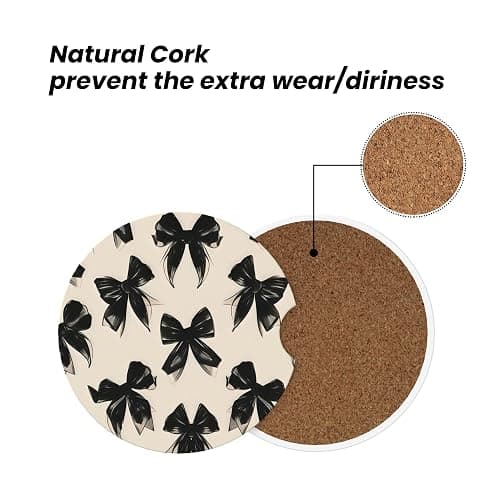 GUCIUU Car Coasters for Cup Holder 2 Pack - Black Bow Tie | 2.56 Inch Absorbent Ceramic Drink Cup Coasters for Car, Anti-Slip Cork Base Interior Accessories for Women & Men thumbnail 5
