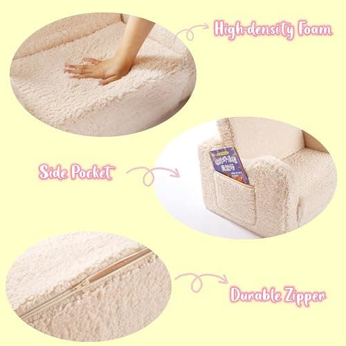 MOMCAYWEX Kids Sofa, 2-in-1 Flip-Out Foam Couch with Soft Sherpa Cover, Cozy Play Lounge Chair, Cream thumbnail 6