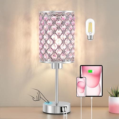 GyroVu Crystal Table Lamp, Pink Touch Lamp with USB C+A Ports, 3 Way Dimmable Lamp with Crystal Shade, Bedside Lamp Small Lamp for Girl Bedroom, Living Room(Buld Included) - Image 1