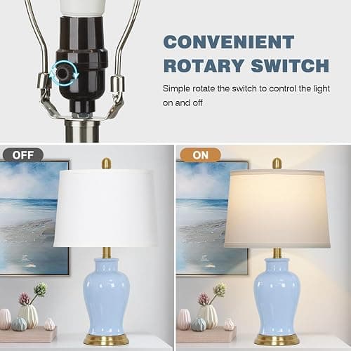 23" Modern Blue Ceramic Table Lamps Set of 2, Coastal Ceramic Lamps for Living Room, Classic Bedside Lamp with Ginger Jar Design, Elegant Bedroom Lamp for Night stand Desk Side End Table Home Decor thumbnail 3