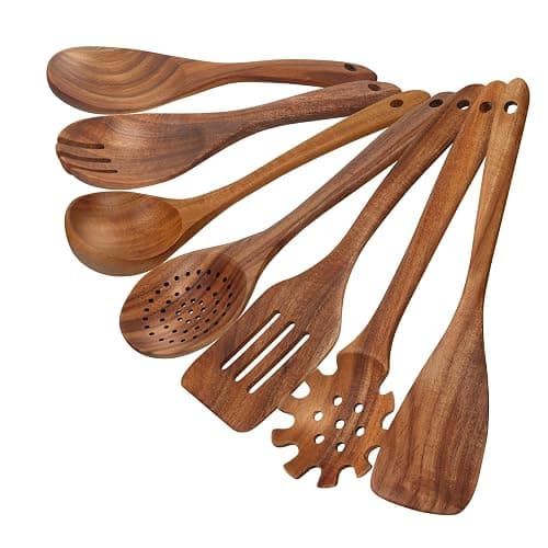 comfoyar Teck Ustensiles de Cuisine Bois, Set de 7 Cuillère en Bois pour la Cuisson avec Spatula et Ladle, Résistance à la chaleur Convient pour Poêles Antiadhésives - Image 1