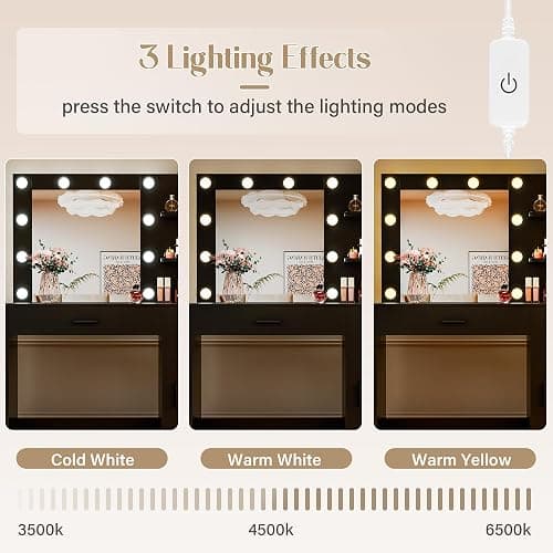 JUMMICO 35.4" Vanity Desk with LED Mirror & Power Outlet, Makeup Vanity Table with 3 Open Storage Shelves, Drawers and Cabinet, 3 Model Adjustable Lights for Bedroom & Dressing Room (Black) thumbnail 5
