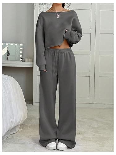 SOLY HUX Women's 2 Piece Outfits Fall Sweatsuits Off The Shoulder Crop Top Wide Leg Sweatpants Casual Matching Lounge Sets thumbnail 4