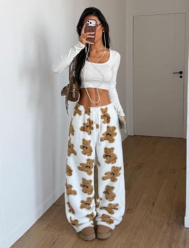 ZAFUL Women's Fuzzy Plush Pajama Pants Drawstring Elastic Waist Wide Leg Teddy Pj Bottoms Lounge Pants thumbnail 6