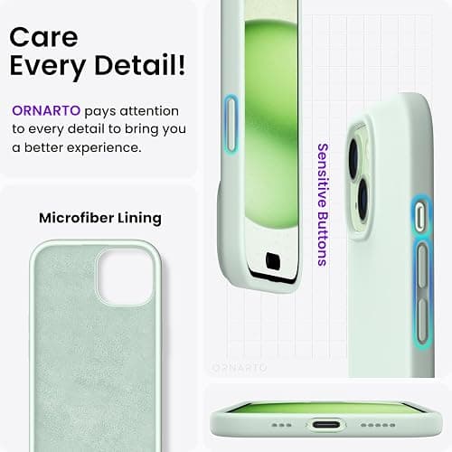 ORNARTO Compatible with iPhone 15 Case 6.1, Slim Liquid Silicone 3 Layers Full Covered Soft Gel Rubber Phone Case, Anti-Scratch Shockproof Protective Cover 6.1 Inch, Light Green thumbnail 5