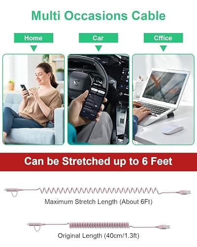 Pink Retractable Car Charger Coiled Lightning Cable - 2 in 1 Lightning and USB C Cable for Apple Carplay & Android Auto [MFi Certified] 3A Fast Charge & Data Sync Pink Coiled i Phone Charger Cord thumbnail 7