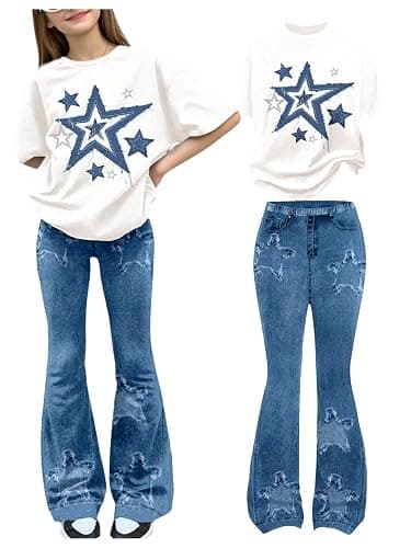 WDIRARA Girl's 2 Piece Outfits Star Denim Print Short Sleeve T Shirt and Bell Bottom Flare Pants Sets - Image 1