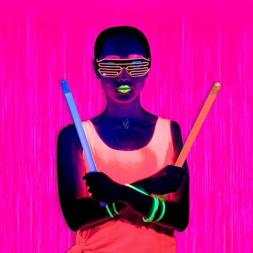 Mega-L Glow in The Dark Party Supplies, 2 Pack Neon Party Decorations 3.3 x 6.6 ft Fluorescent Macaron Fuchsia Tinsel Foil Fringe Curtains, Photo Booth Prop Backdrop Streamer, Birthday Party Decor thumbnail 4