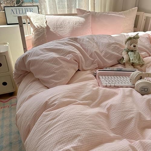 VM VOUGEMARKET Pink Duvet Cover with White Lace Twin Kids Pink Plaid Gingham Duvet Cover Set for Girl's College Dorm Soft Lightweight Cozy Bedding Set thumbnail 6