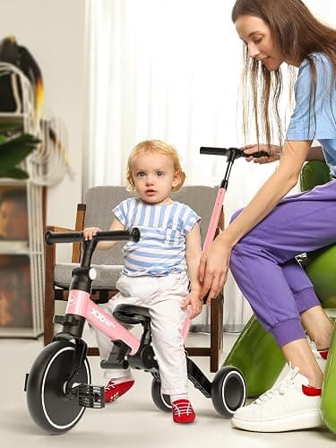 XJD Toddler Bike, 6 in 1 Folding Toddler Tricycle for 1-4 Year Old with Parental Control Handle, Balance Bike with Removable Pedal, Backrest, Adjustable Seat, First Christmas Birthday Gifts (Pink) thumbnail 2