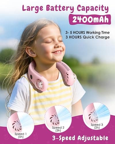 Neck Fan for Kids,Bladeless Portable Fan Rechargeable for 4-14Y Girls & Boys, 2400mAh USB Personal Cooling Mini Fan Rechargeable for Travel/Disney/Camping, 3 Speeds, Summer Essentials(Pink) thumbnail 2