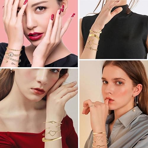 17VKL Gold Bangle Bracelets for Women, 14k Gold Plated Multi Layer Stackable Cuff Bracelets Set, Personalized Boho Non Tarnish Adjustable Bangle Jewelry Gift for Her thumbnail 2