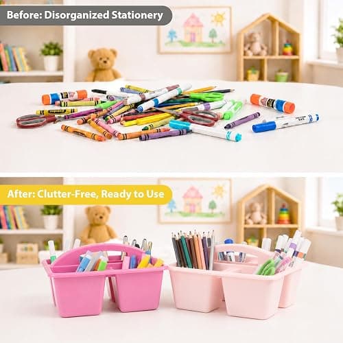 6 Pack Assorted Colors Classrooms Caddy 4 Compartment Classroom Caddy Compartment Caddies Set Table Caddies Classrooms with Handle for Classroom Organization Table Desk Office Supplies(Pink Purple) thumbnail 5