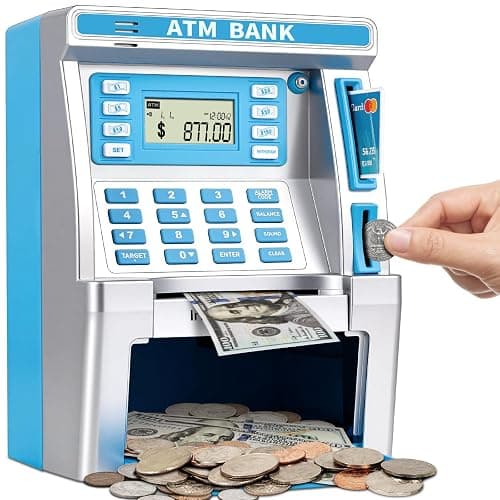 Blue Piggy Bank for Kids, ATM Machine Bank for Real Money with Debit Card, Bill Feeder, Coin Recognition, Balance Calculator, Electronic Savings Safe Box, Gifts for Teen Boy Girl - Image 1
