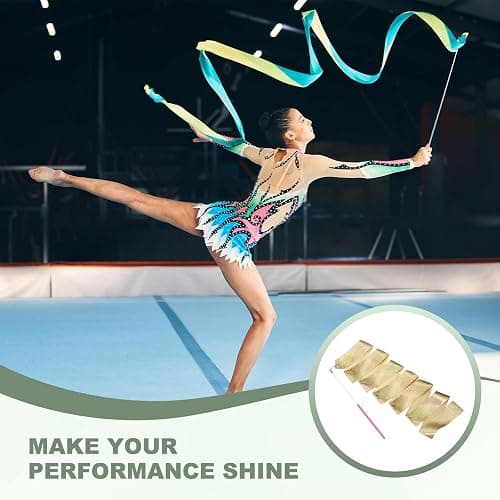 YELARXI 2 Pcs Dance Ribbons, 78.7" Sparkly Gymnastics Ribbon Streamers, Rhythmic Dance Twirling Sticks with Non-Slip Pink Wand -Fitting for (Gymnastics/Talent Shows/Artistic/Party) Gold thumbnail 5