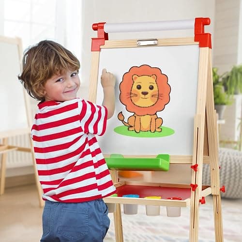 JOYOOSS Kids Wooden Easel with Paper Roll - Adjustable Magnetic Double Sided Drawing Board Whiteboard & Chalkboard Dry Easel Board,Children Art Easel for 3~12 Years Kids Boys Girls Painting Drawing thumbnail 2