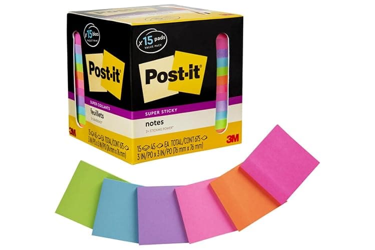 Post-it Super Sticky Notes, Assorted Bright Colors, 3x3 in, 15 Pads/Pack, 45 Sheets/Pad, 2X The Sticking Power, Recyclable, Multi-Color - Image 1