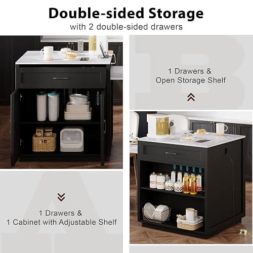 Merax 82.7" Kitchen Island with Extendable Dining Table for 4-6, Rolling Mobile Center Islands with Storage, Charging Station, 2 Drawers 2 Side Open Shelves, Black thumbnail 5