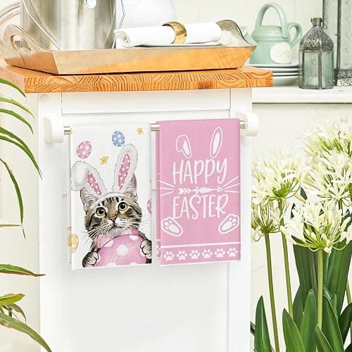 Artoid Mode Pink Rabbit Ears Cat Eggs Happy Easter Kitchen Towels Dish Towels, 18x26 Inch Spring Summer Holiday Decoration Hand Towels Set of 2 thumbnail 5