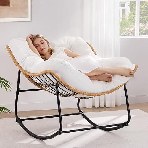 ONBRILL Outdoor Rocking Chairs, Oversized Papasan Rocking Chair Indoors with Padded Cushions, Rattan Wicker Lounge Chair for Living Room, Porch, Patio, Garden thumbnail 2